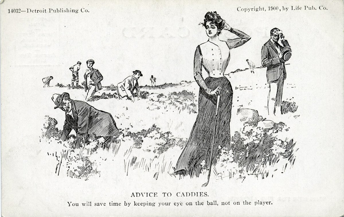 Dessin humoristique ancien d'une golfeuse et d'un caddie qui la regarde