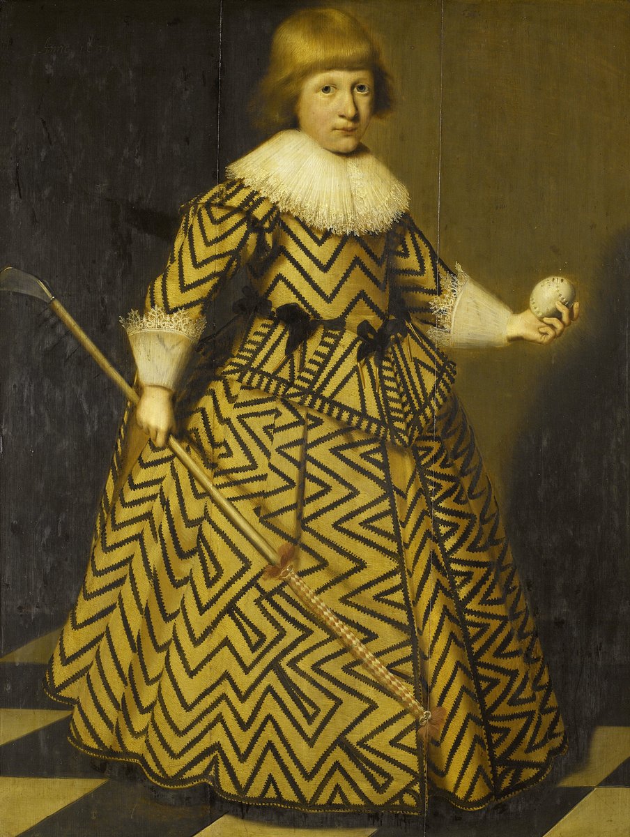 Portrait peint d'un garçon en robe rayée tenant un bâton de kolf et une balle