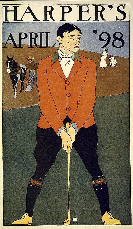 Affiche de 1898 montrant un jeune golfeur en veste orange, club en main