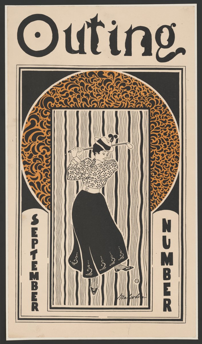 Affiche ancienne d'une revue sportive montrant une golfeuse en jupe longue